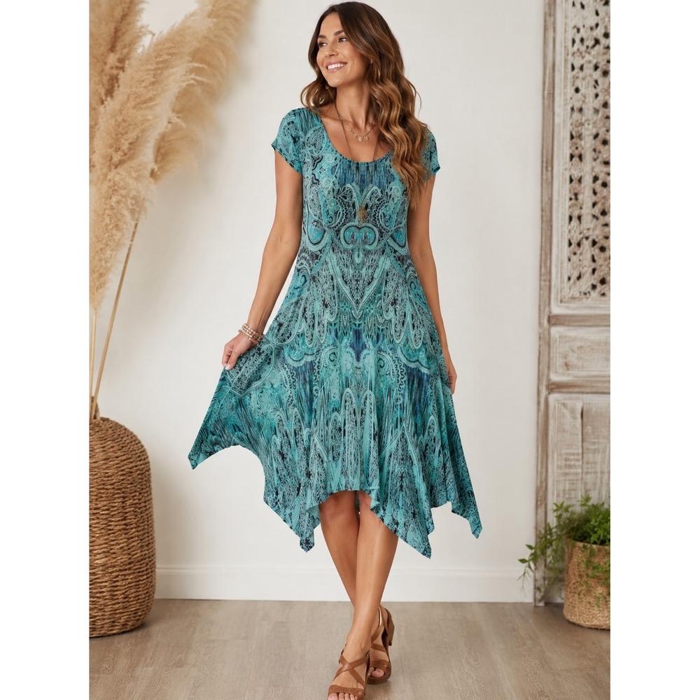 World Unity Dress S Green Black Cap Sleeve Paisley Handkerchief Hem Boho Stretch